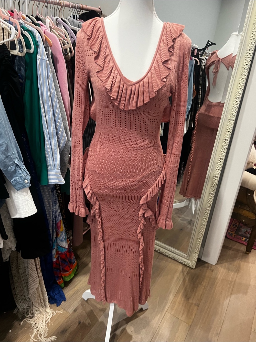 Finders Keepers Dusty Rose Ruffle Knit Midi Dress with open back